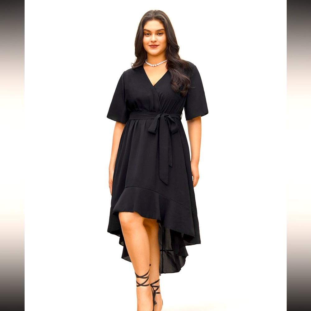 NWT-Classy BloomChic Tie Surplice High-Low Dress in Black Size: Plus 18-20